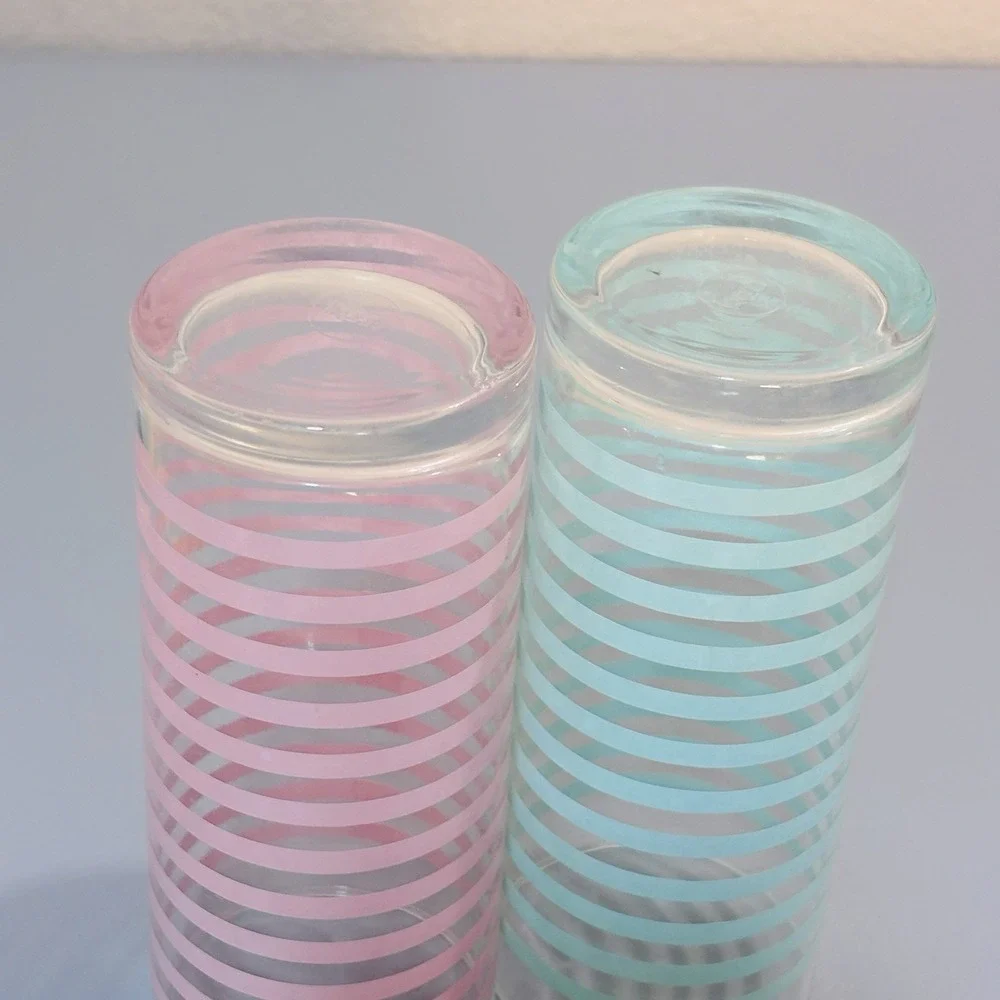 2 Libbey Vintage Mid Century Modern Retro Teal Pink Striped Highball Bar Glasses